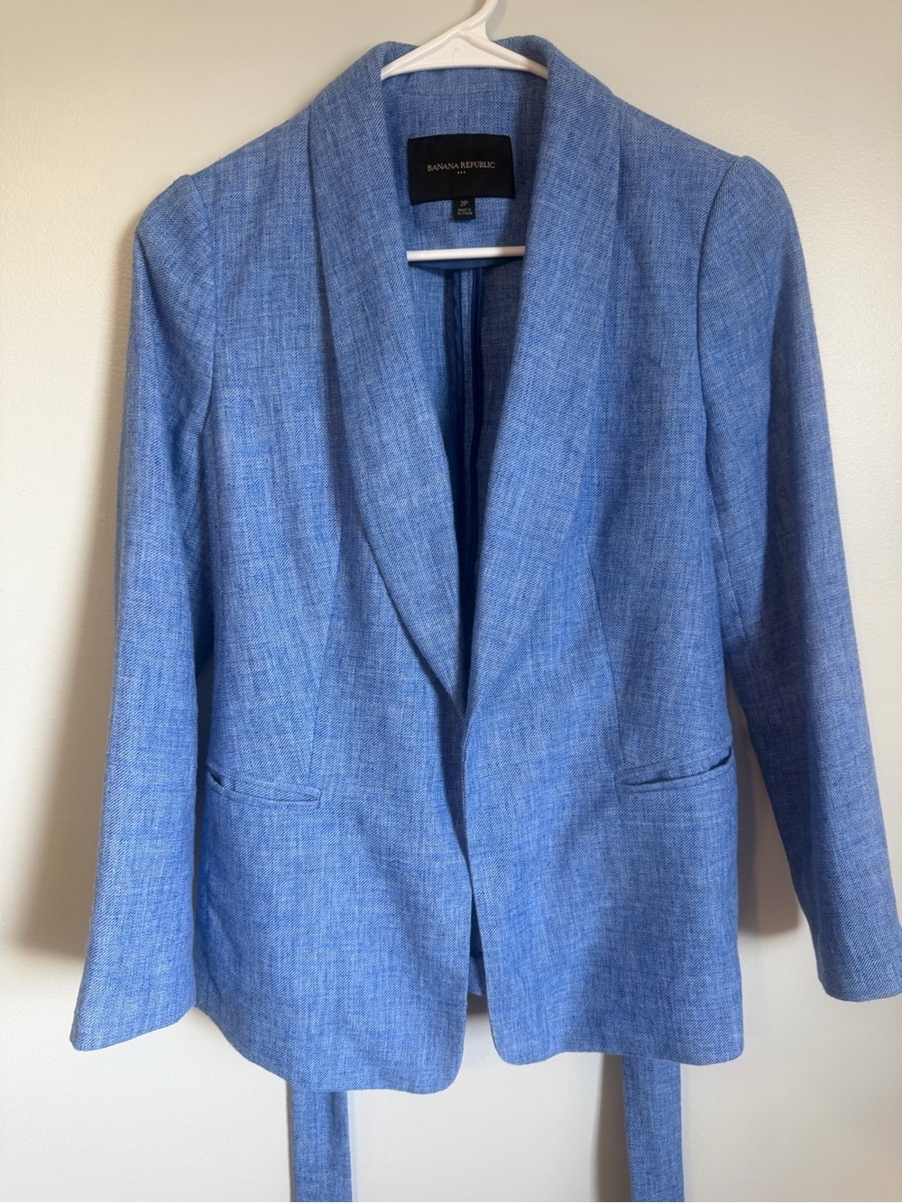 Banana Republic Linen Blend Belted Open Front Cornflower Blue Blazer Sz Petite 2